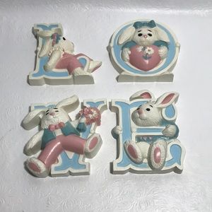 Burwood Brand 1992 LOVE Bunnies Wall Decor Plaques Rabbit Letters Spelling LOVE
